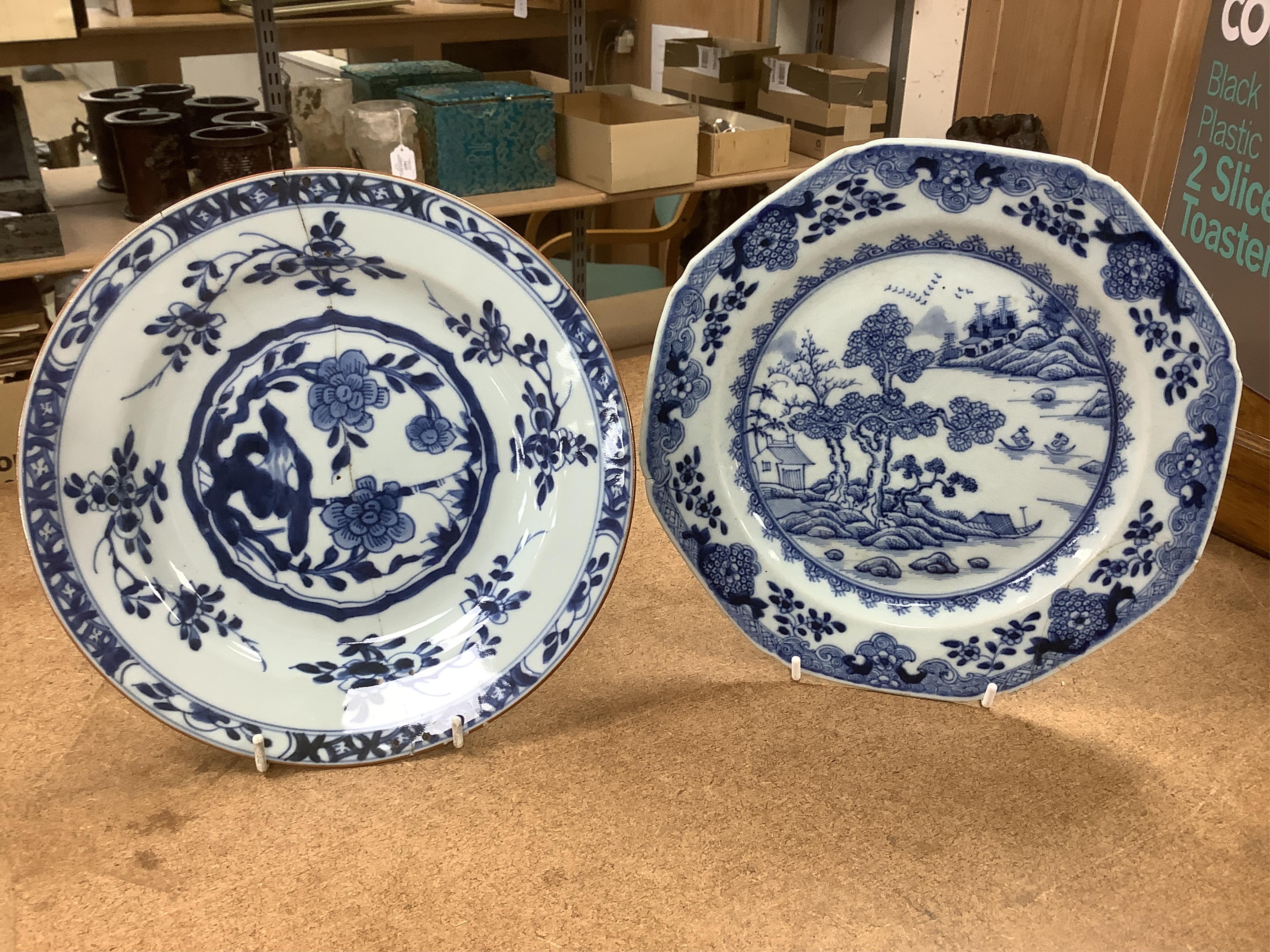 Six 18th century Chinese export blue and white plates, largest 32cm diameter. Condition - poor to fair